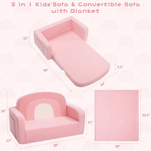 Foryoomi Extra Wide Kids Couch, 2-in-1 Soft Toddler Couch with Blanket, Comfy Toddler Chair, Convertible Sofa with Cute Rainbow Design, Pink - color: Pink Rainbow