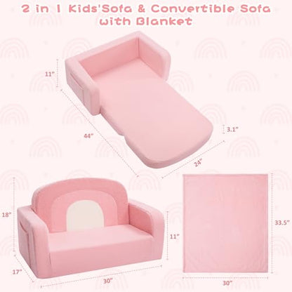 Foryoomi Extra Wide Kids Couch, 2-in-1 Soft Toddler Couch with Blanket, Comfy Toddler Chair, Convertible Sofa with Cute Rainbow Design, Pink - color: Pink Rainbow