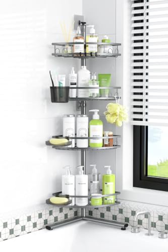 Standing Corner Shower Caddy - Rustproof Bathroom Shower Stand Shelf | 4-Tier Freestanding Corner Shower Organizer with Adjustable Baskets, Large Capacity Storage with Hooks & Soap Holders - color: Silver