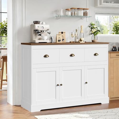 White Buffet Cabinet Storage Kitchen Sideboard Farmhouse Buffet Server Bar Wine Cabinet with 3 Drawers & 3 Doors Adjustable Shelves Console Table for Dining Living Room Cupboard - size: 15.6"D x 47.2"W x 36"H