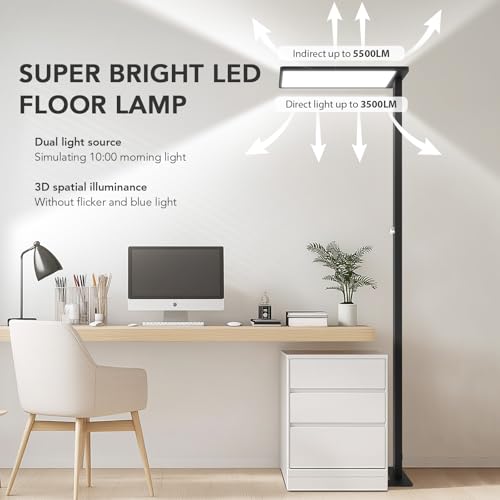 100W LED Floor Lamp, 76.8" Tall Reading Light, 9000LM Knob Dimming Standing Lamp, Full Spectrum Eye Care Reading Lamp, 4000K Natural Daylight for Study Room, Office, Living Room, Bedroom (Black) - color: Black