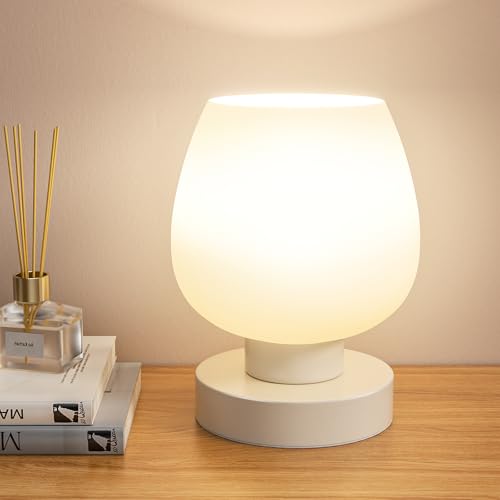 Seealle Cordless Touch Table Lamp for Nightstand - Small Bedside Lamp for Bedroom Night Stands, Desk Lamp with White Glass Shade for Small Spaces Living Room, Stepless Dimmable, LED Bulbs, Gifts - color: White_1Pack, size: Cordless
