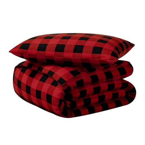Bare Home Flannel Duvet Cover Set (Twin/Twin XL, Buffalo Plaid - Red/Black) | 100% Cotton, Velvety Soft, Heavyweight, Premium Flannel, Double Brushed, Includes Sham Pillow Cover - color: 14 - Buffalo Plaid - Red/Black (No Comforter), size: Twin/Twin XL