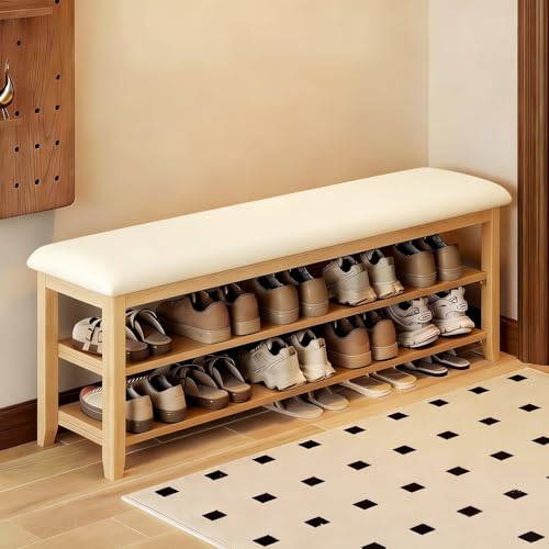 Wooden Shoe Storage Bench with Leather Cushion, Natural, 47.2" | Rustic Solid Wood Entryway Bench, Shoe Rack Bench for Hallway, Front Door, Equipped with 2 Height-Adjustable Shelves - color: Natural Wood, size: 47.2"L x 11.8"W x 18"H