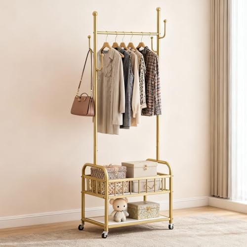 Free Standing Rolling Clothes Rack with Wheel Shoe Storage - Golden | Small Narrow Cloth Hanger Garment Rack for Bedroom Livingroom Lab Dress Shirt Rack with Metal Basket and Shoe Storage Shelves - color: Gold-2 Tier