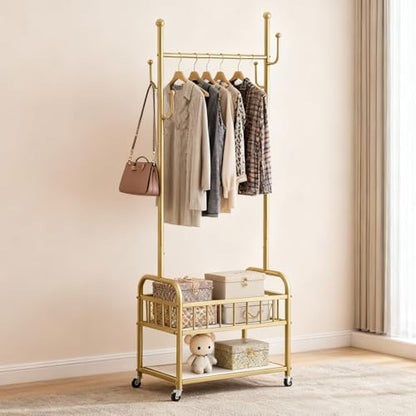 Free Standing Rolling Clothes Rack with Wheel Shoe Storage - Golden | Small Narrow Cloth Hanger Garment Rack for Bedroom Livingroom Lab Dress Shirt Rack with Metal Basket and Shoe Storage Shelves - color: Gold-2 Tier