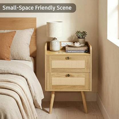 Rattan Nightstands Set of 2, Boho Bedside Table with 2 Drawers | Rattan Nightstand with Charging Station, Open Storage End Tables for Bedroom, Small Spaces and Dorm, Solid Wood Legs, Natural - color: Natural Wood