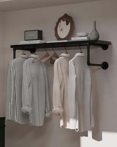 Clothes Rack 36in, Wall Mounted Garment Racks with Real Black Wood Shelf, Heavy Duty Hanging Clothes Rack, Multi-Purpose Hanging Rod, Space-Saving Closet Storage - color: Black, size: 1T36IN