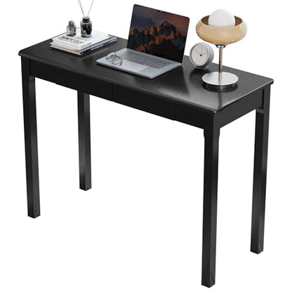 Solid Wood Desk with Drawers - 39 x 16 Inch Simple Narrow Desks, Rubber Wood Study Table, Small Writing Desk for Small Spaces|Bedroom - Modern Black Desks - color: Black, size: 39.4 in W x 15.7 in D
