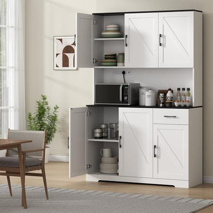 Gyfimoie 71’’ Farmhouse Kitchen Pantry Cabinet, Tall Storage Cabinet with Power Outlet, Freestanding Hutch with Drawer, 4 Adjustable Shelf & 6 Doors for Kitchen Living Room (White) - color: White