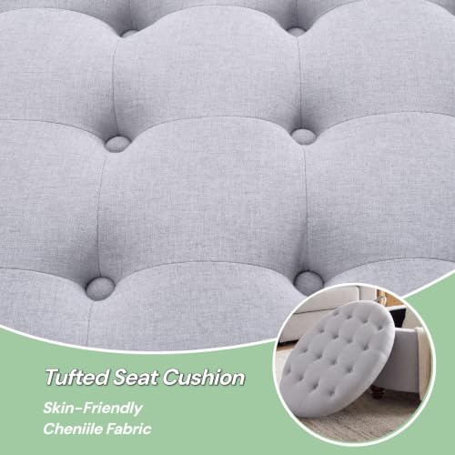 30" Round Storage Ottoman Coffee Table, Tufted Lid & Wood Top, Gray | Nailhead Trim Solid Wood Legs Extra Large Footrest Linen-Like Fabric - color: Grey