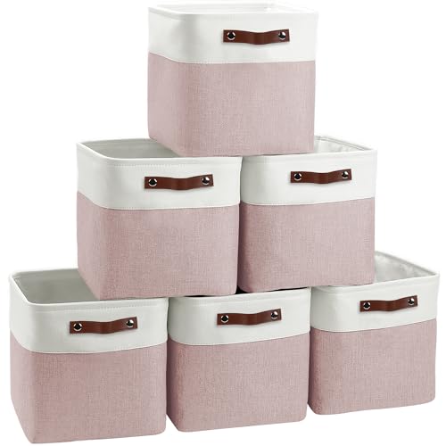FinishingBo 11 inch Cube Storage Bin 6 Pack, Cube Organizer Bins | Fabric Storage Bins With Handles, 11x11 Storage Cubes, Shelf Basket, White Pink - color: White/Pink