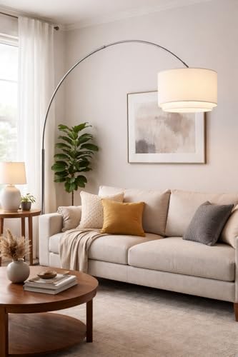 Major-Q Modern Arcing Floor Lamp - Tall Stand Up Arching Drum Shade - Large Contemporary Floor Lamp for Dining Rooms and Bedrooms - Corner Lamp for Office Lighting and Home Decor - color: Double-Shade-White