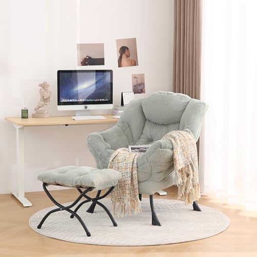 Lazy Chair with Ottoman, Comfy Reading Accent Chair, Plush Green | Foldable Footrest, Padded Seat and Backrest, Side Pocket for Lounging in Living Rooms, Bedrooms, Dorms and Small Spaces - color: Plush-green