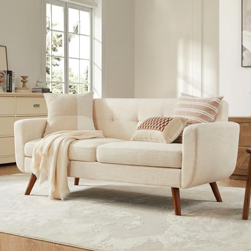 Tbfit 65" W Loveseat Sofa, Mid Century Modern Decor Love Seat Couches for Living Room, Button Tufted Upholstered Small Couch for Bedroom, Solid and Easy to Install Love Seats Furniture, Beige - color: Beige, size: 65.2 inch