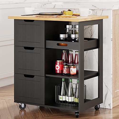 Shintenchi Kitchen Island Cart with Storage,Rolling Kitchen Island Storage Cabinet,Side Table on Wheels with Worktop,3 Open Shelves and 3 Drawers for Kitchen,Dinning Room, Black - color: Black-26inch