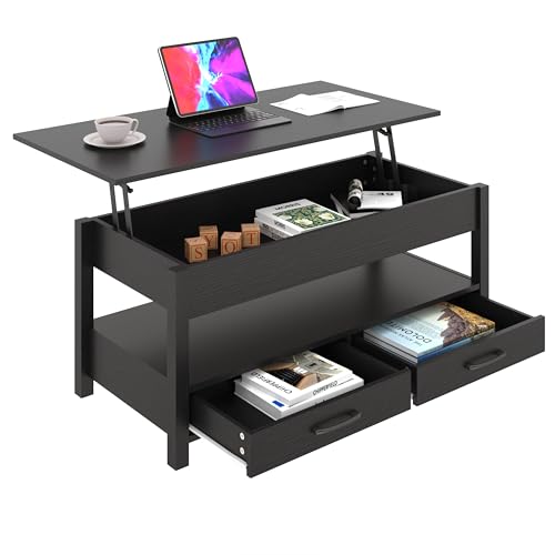 Panana Coffee Table, Lift Top Coffee Table with Hidden Compartment, 2 Drawers and 1 Open Shelf, Retro Central Wooden Table Lift Tabletop for Living Room (Black) - color: Black