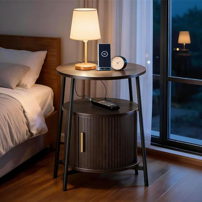 DHH Round End Tables Set of 2 & Charging Station, Fluted Accent Side Table with Sliding Door, Mid-Century Modem Nightstand Set for Small Space Storage, Living Room, Bedroom,Sofa Couch(Dark Walnut) - color: Dark Walnut