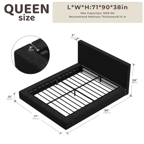 RECCI AirFrame Queen Upholstered Bed Frame with Plush Padded Headboard | Plush Padded Headboard, 360° Soft Foam Surround, Low Profile Cloud Bed Frame, No Box Spring Required, Easy Assembly - color: Onyx Black, size: Queen