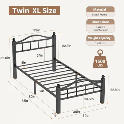 XL Twin Bed Frame with Headboard | Noise-Free Design, 12" Underbed Storage, 1500 LBS Heavy Duty Metal, No Box Spring Needed, Tool-Free Assembly - color: Twin XL -Black