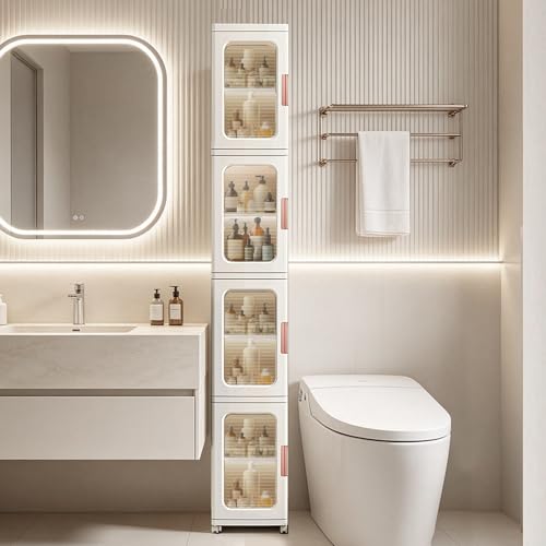 Tall Narrow Storage Cabinet with Movable Wheels, Adjustable Shelves & Magnetic Doors – Foldable Slim Plastic Organizer for Bathroom, Kitchen, Laundry, Ideal for Small Spaces(4-Tier,White) - size: 11.2"D x 9.6"W x 65.4"H