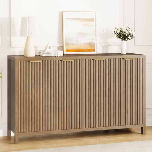 Fluted Buffet Cabinet with Storage, 55" Sideboard Cabinet with 4 Doors, Modern Credenza Accent Console Cabinet Coffee Bar Table for Living Room Dining Room Hallway, Walnut - color: Walnut