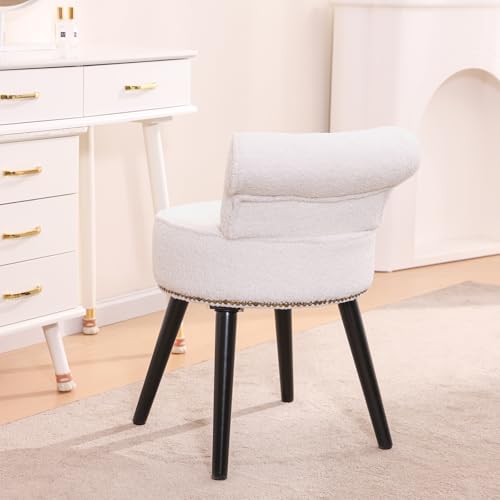 Vanity Chair with Back, Sherpa Stool with Tufted Low Backrest & Gold Nailhead Trim, Round Vanity Seat for Bedroom and Bathroom Makeup, Support 220lbs, Easy Assembly (Teddy White) - color: Sherpa White