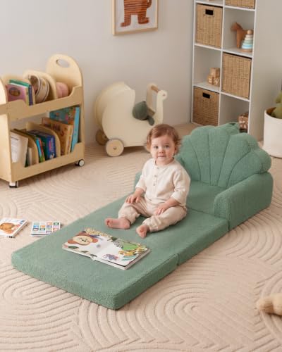 Blissful Diary Kids Couch, 2-in-1 Soft Kids Sofa, Kids Sofa Chair, Comfy Kids Furniture for Playroom, Reading & Play, Shell Green - color: Shell Green
