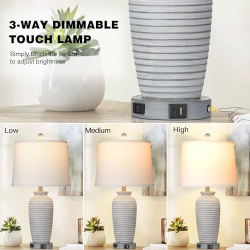 CINSARY 25" Farmhouse Jar Table Lamps Set of 2, 3 Way Touch Control Rustic Bedside Lamps with USB A+C Ports & AC Outlet, Pot Nightstand Lamps for Bedroom Living Room (LED Bulbs Included) - color: Grey-white