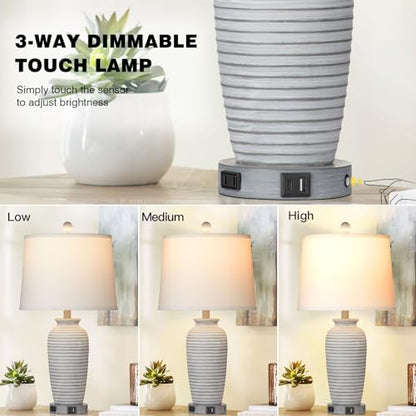 CINSARY 25" Farmhouse Jar Table Lamps Set of 2, 3 Way Touch Control Rustic Bedside Lamps with USB A+C Ports & AC Outlet, Pot Nightstand Lamps for Bedroom Living Room (LED Bulbs Included) - color: Grey-white
