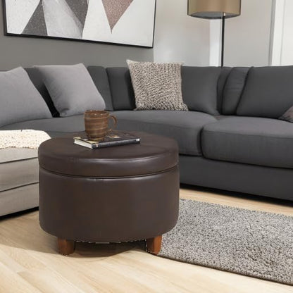 HomePop 24" Round Leatherette Storage Ottoman - Chocolate Brown - color: Brown Faux Leather