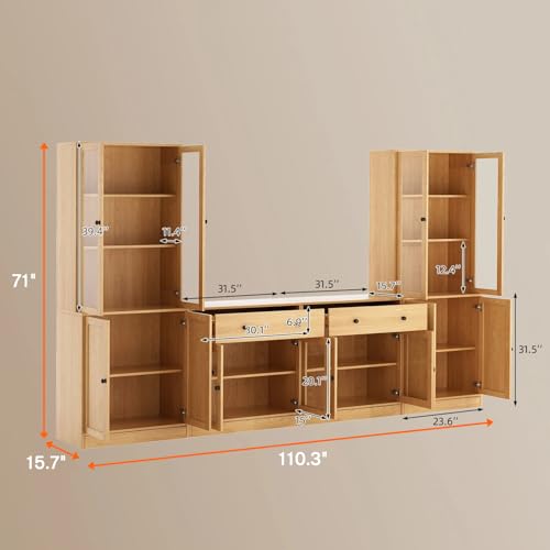 TUSY 71" TV Stand Storage Set - 2 Tall Bookcases & 2 Side Cabinets, Media Console with Glass & Wood Doors, Entertainment Center with Drawers, Tall Media Console for Living Room (Wood, AFFA) - color: Wood