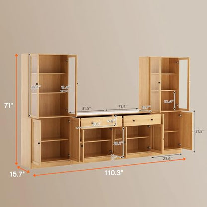 TUSY 71" TV Stand Storage Set - 2 Tall Bookcases & 2 Side Cabinets, Media Console with Glass & Wood Doors, Entertainment Center with Drawers, Tall Media Console for Living Room (Wood, AFFA) - color: Wood