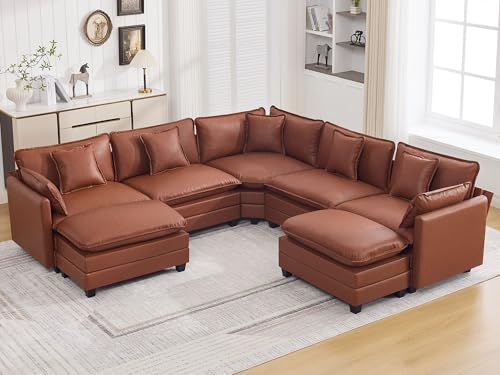 137'' V Shaped Cloud Sectional Sofa, Oversized Deep Seat Leather Couches for Living Room, Comfy Upholstered Modular Sectional Sofa Couch with 2 Movable Ottoman, Leather Brown - color: Pu-dark Brown, size: 113'' V Shaped+2 Ottoman