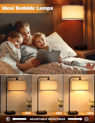 20.7" Tall Table Lamp with USB & Outlet, Fully Dimmable Nightstand Lamp | Linen Lampshade, USB Port and Outlet, Black Desk Lamp for Bedside, Living Room, Guest Room, Home Office, LED Bulb Included - color: A-Beige Shade & Black Base