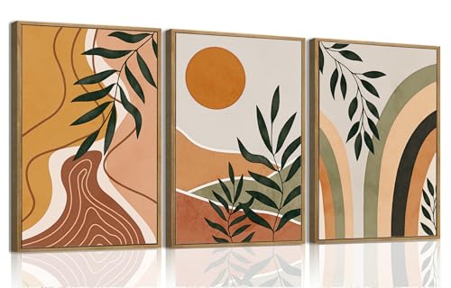 Boho Sun Leaf Abstract Framed Canvas Wall Art Set of 3, 16x24 inch | Mid Century Abstract Wall Decor, Sun and Botanical Leaf Prints, Bedroom Living Room Bathroom Art - color: Sun Leaf, size: 16"x24"Natural