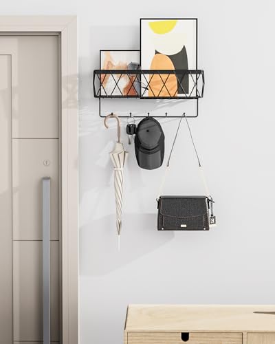 Key Holder Wall Mount Adhesive- Key and Mail Holder for Wall with 5 Hooks, Wall Mounted Mail Organizer and Key Rack, Modern Basket Key Hanger for Entryway, Home, Living Room Wall Decor, Black - color: Black-2