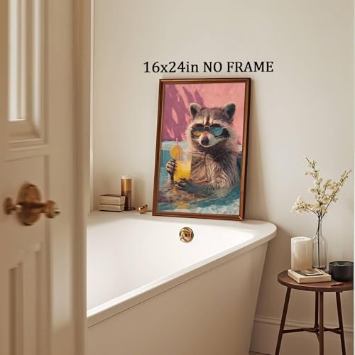 Oiyehokeul Animal Drinking Wall Art Funky Animal Posters Raccoon in Bathtub Wall Art Whimsical Artwork Trendy Aesthetic Pictures Raccoon Bathroom Poster Preppy Pink Cocktail Print 16x24in Frameless - color: G1Unframed