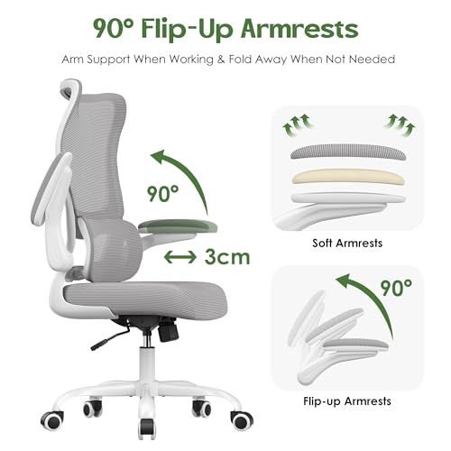 Office Chair Ergonomic Desk Chair - Comfy Mesh High Back Office Chair with Lumbar Support Wheels Home Desk Office Chairs Flip up Armrest Executive Rolling Swivel Task Work Computer Chair Grey - color: Grey