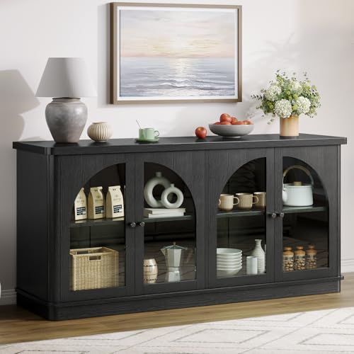 63 Inch Sideboard Buffet Cabinet with Glass Doors, Credenzas Cabinet, Black | 4 Doors, Arched, Large, Adjustable Shelves, Modern Style, for Living Room, Kitchen, Entryway