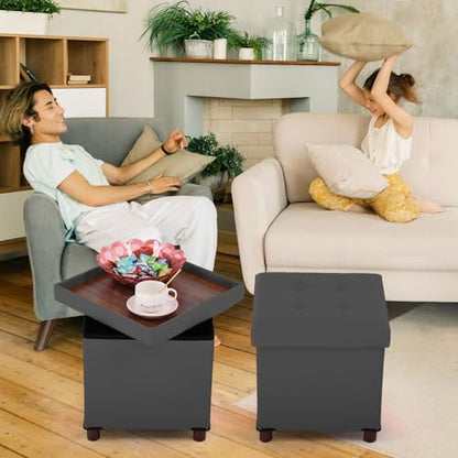 Dorriss Storage Ottoman, Ottoman with Storage for Living Room Ottoman Square Tray Bedroom Cube Foot Rest Stool With Legs Small Ottomans Coffee Table Lid Foldable Footstool Faxu Leather 15" Inch (Grey)