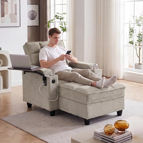 Convertible Sleeper Chair, Pull Out Sofa Bed with Adjustable Backrest & Hidden Storage Armrest, Single Sofa Recliner with USB Charging Port & Cup Holders for Living Room, Bedroom, Khaki - color: C-khaki-i3