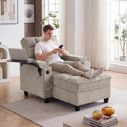 Convertible Sleeper Chair, Pull Out Sofa Bed with Adjustable Backrest & Hidden Storage Armrest, Single Sofa Recliner with USB Charging Port & Cup Holders for Living Room, Bedroom, Khaki - color: C-khaki-i3