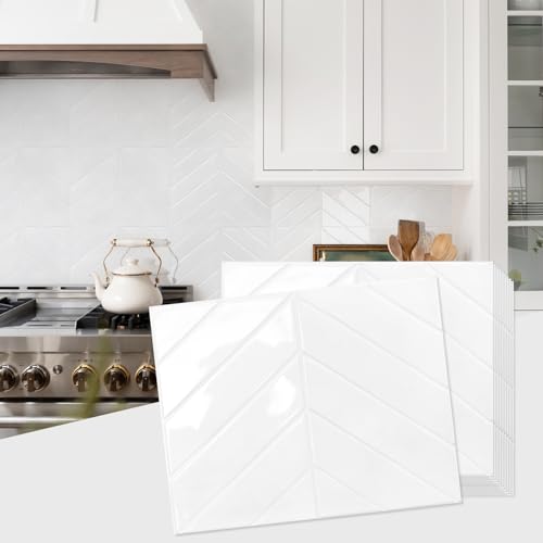 STICKGOO Herringbone Peel and Stick Backsplash, Pure White, 10 Sheets | 12.6 x 9.7 in, Thicker Rectangular Vinyl Stick-On Wall Tiles, Easy Alignment, Waterproof, Easy to Clean, Kitchen/Bathroom - color: Pure White, size: Pack of 10