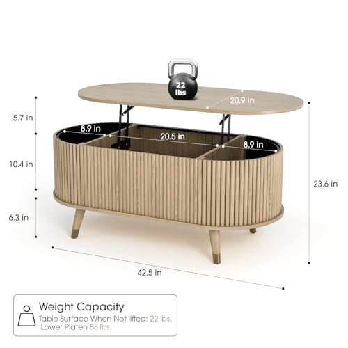 JOINICE Oval Lift Top Coffee Table with Storage for Living Room,42.5",Oak | Large Hidden Storage,Boho Fluted Panel,Pop Up Center Table with Wooden Legs,Lifts to 22.4",Holds 88lbs,Easy Assembly - color: Oak_oval