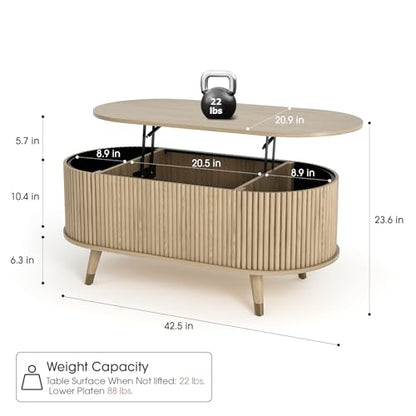 SULIVES Oval Coffee Table with Storage,Multifunctional Lift Top Drum Coffee Table, Small Fluted Center Table for Living Room, Oak - color: Oak_oval
