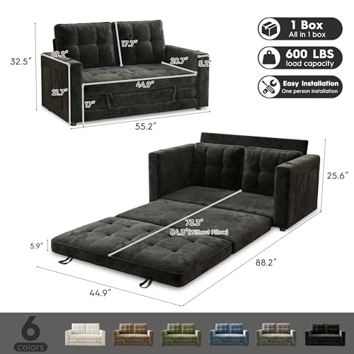 55" Convertible Folding Sofa Bed, Pull Out Couch Love Seat Sleeper Bed, Small Fold Out Loveseat Sleeper with Cup Holder and Pillow for Small Space, Bedroom Lounge, Dorm, Living Room(Black Chenille) - color: Black