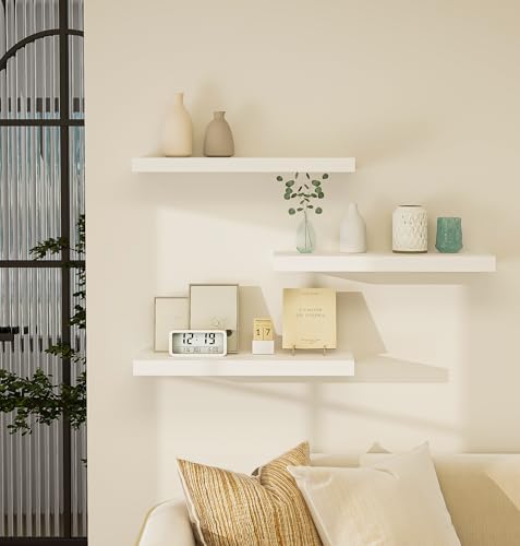 Vervida® White Floating Wall Shelves 24in Deep Set of 3 Modern 37 Lbs | Bedroom Bathroom Kitchen, Holds 37 Lbs Each Invisible Brackets, Modern Style Easy Install, Home Decor Display Storage Shelves - color: White, size: 24x7.9