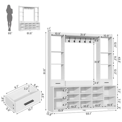 Farmhouse Hall Tree with 2 Independent Drawers,6-in-1 Entryway Bench with Coat Rack Adjustable Shoe Storage for Foyer/Hallway,White - color: White