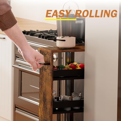 TEAMIX Slim Rolling Storage Cart, Wood 4-Tier Narrow Kitchen/Laundry Cart | 5.5"W Thin Cabinet with Wheels and Handle, Use as Spice Rack Next to Fridge, Laundry Room Organization Between Washer & Dryer - color: Brown+black, size: 5-1/2'' W